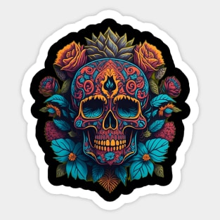 Floral Symphony: Red, Blue, and Gold Sugar Skull Art Surrounded by Flowers Sticker